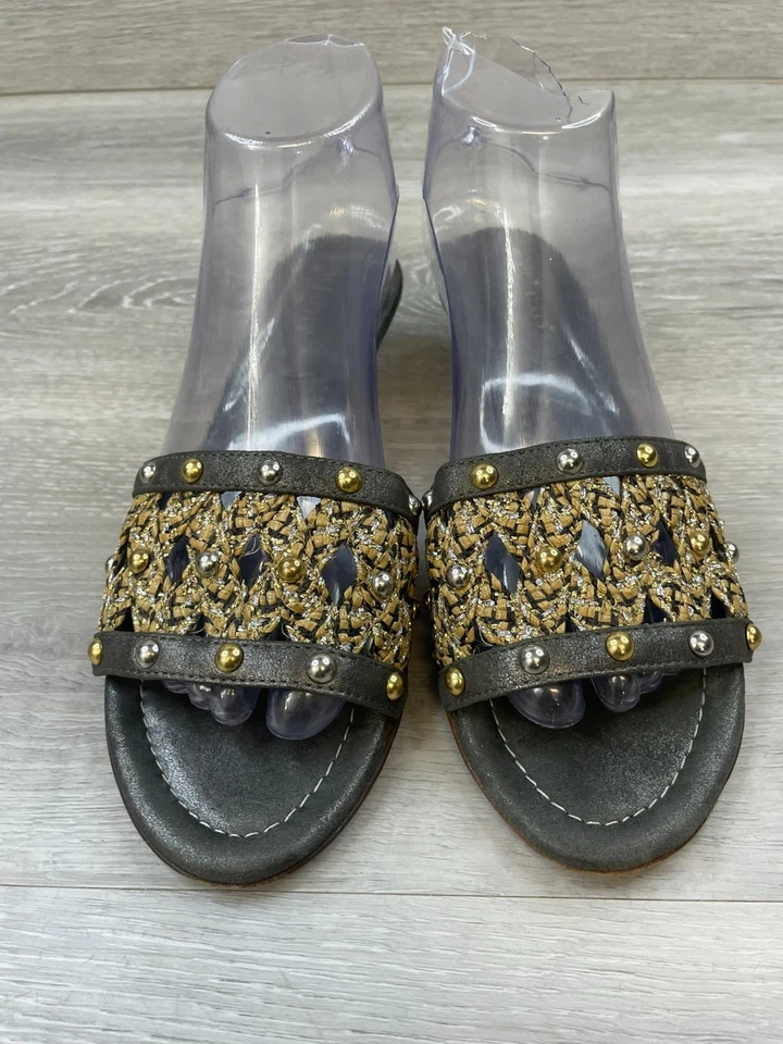 Eric Javits Women's 8 Black Slide Leather Sandal Slip-On Studded Cuban Heel - Image 2 of 4