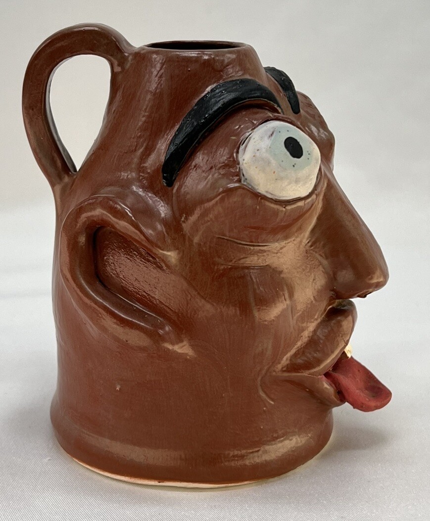 Vintage Face Head Jug Vase Handle Folk Pottery Devil Tongue Lips Teeth Eyes OOAK