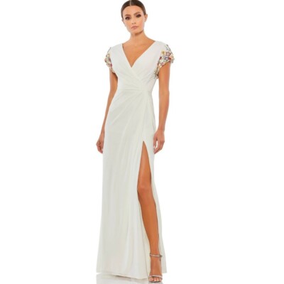 Mac Duggal Floral Rhinestone Embellish Sleeve Jersey Wrap Gown Sz 12 Maxi Dress