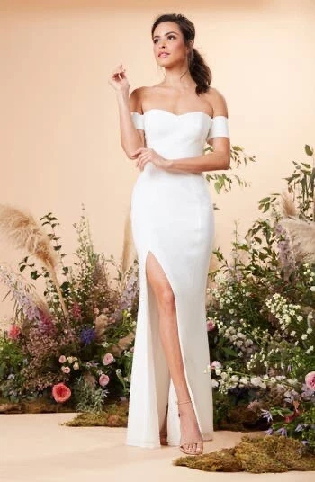 OFF WHITE ABITO NUOVO THE POPULATION Logan Off the Shoulder abito da sera bianco sporco taglia L