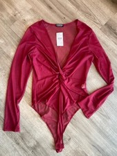 Fashion Nova NWT Bad to the Bone Bodysuit Red Maroon Size Large Sheer Mesh