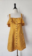 New Dress Size Small Linen Yellow Cut Out Button Pockets Boho
