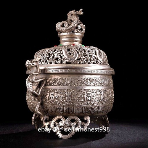 White copper Tibet-silver bat blessing Buddhism Incense Burner Censer N890 - Picture 4 of 11