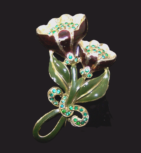 Art Deco Retro Enamel & Crystals/Rhinestones Floral Pins - Book Piece - Picture 5 of 18