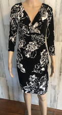 Lauren Ralph Lauren Black White Floral Sheath Dress Sz 4P 3/4 Sleeve