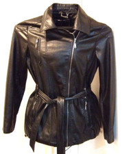 Women's Black Faux Leather Zippered & Belted Jacket By F2 Ny, Joujou -size Large