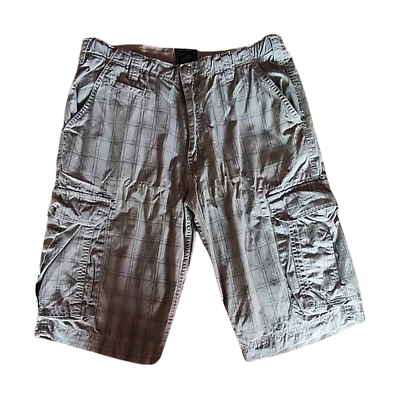 Zara Beige Plaid Flat Front Denim Cargo Shorts Men's 100% Cotton