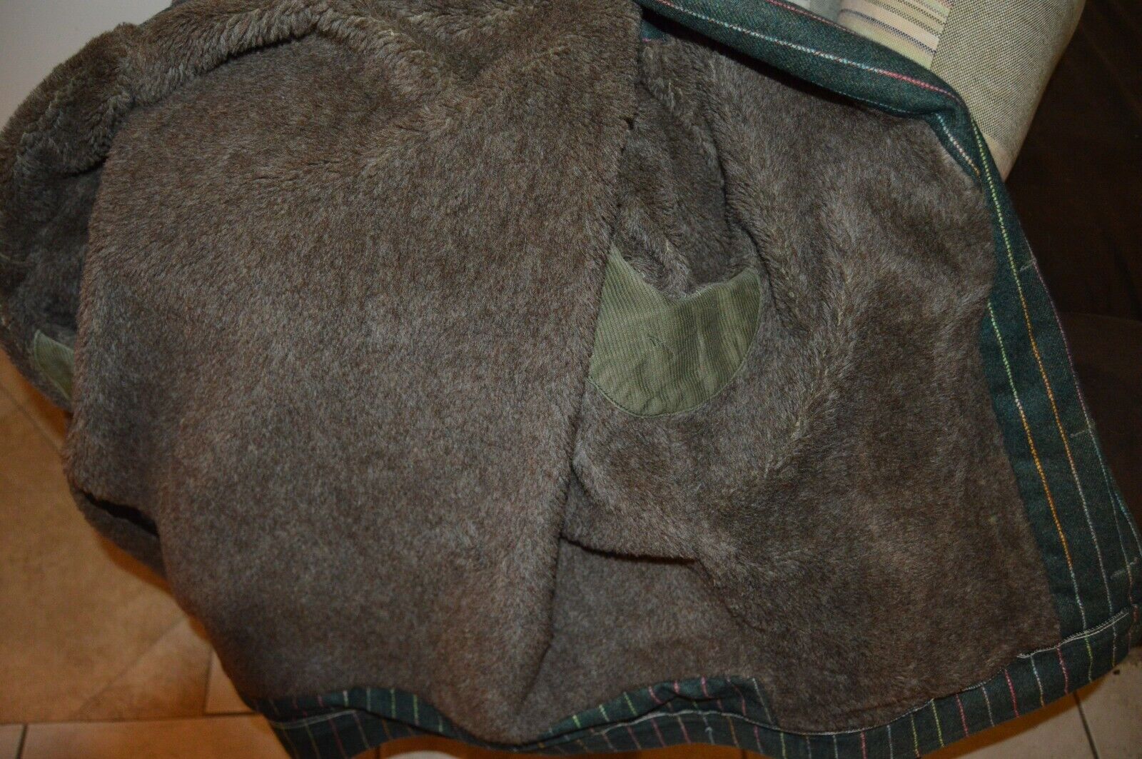 Vintage Fur Lined Wool Green Striped Jacket /coat… - image 7