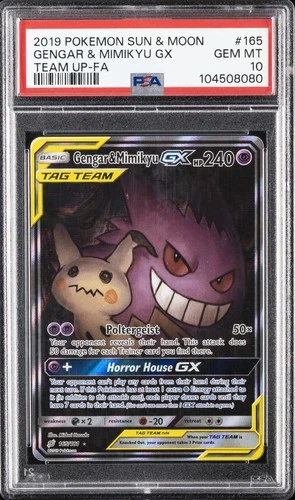 2019 POKEMON SUN & MOON TEAM UP #165 FULL ART/GENGAR & MIMIKYU GX PSA 10