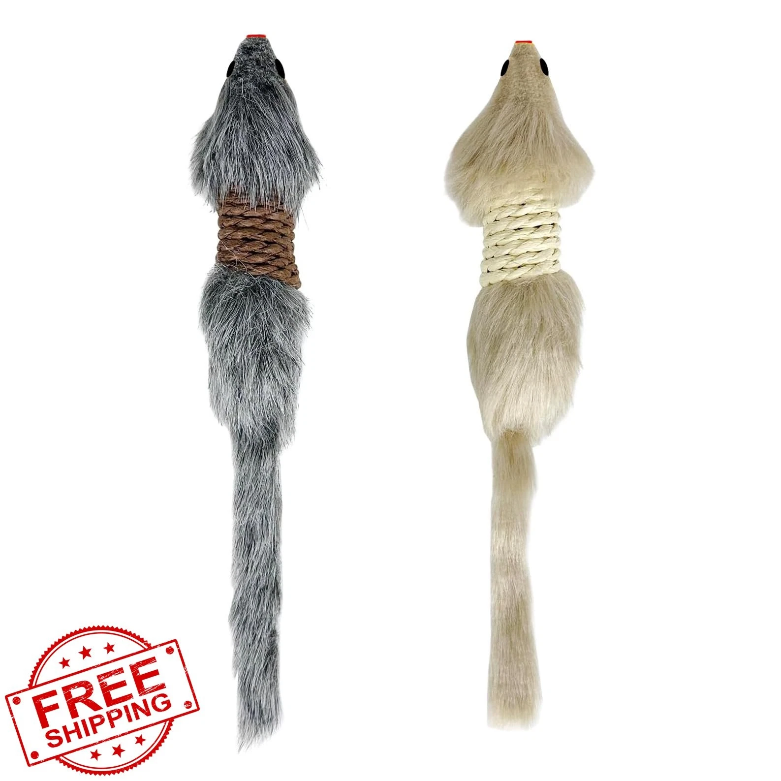 TTcat 2pcs Faux Fur Cat Mice Toys w/Long Tail, Interactive Play