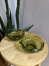 2 Vintage Indiana Avocado Green Glass Salad Bowls with ruffle edge