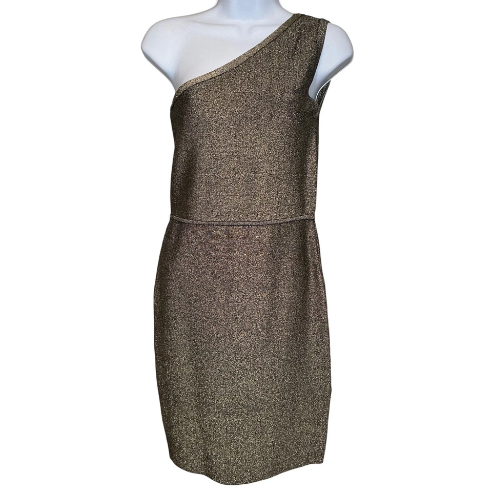 BCBG MAX AZRIA Womens Inari Gold Metallic One Shoulder Bodycon Dress Sz M Party - Image 2 of 4