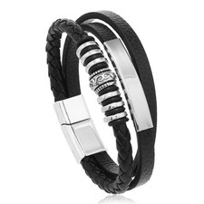 Men Braided Leather Bracelet Stainless Steel Magnetic Clasp Multilayer Wristband