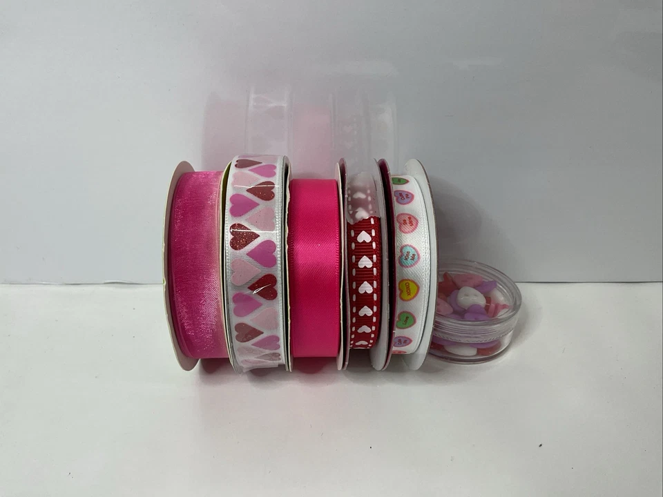 Valentines Heart Button And Ribbon Lot 4 Partial 1 Full Spool 3/8” - 5/8” Wide - Image 2 of 2