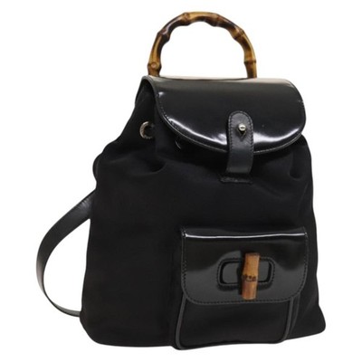Gucci Vintage Bamboo Backpack Nylon And Patent Leather Black 