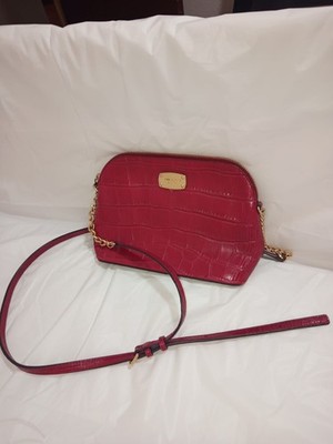 NWT Michael Kors Red Croc Embossed Leather Dome Crossbody Bag Purse Gold Chain