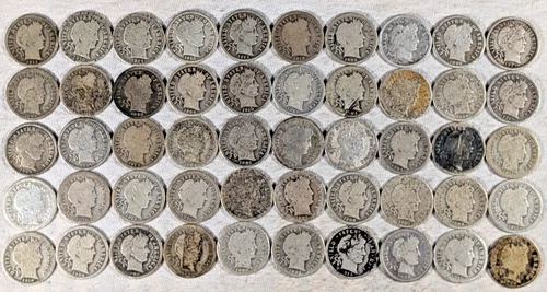 LOT OF 50 BARBER DIMES 90% SILVER COINS $5 FACE VALUE #72