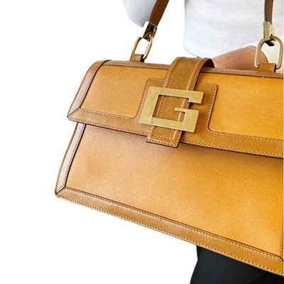 GUCCI Vintage G Square Logo Shoulder Bag Brown Camel Gold Leather