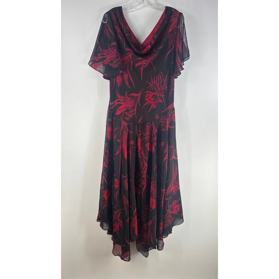 Roaman's Women's Dress 18W Black Red Floral Maxi Cowl Neck Sequin 90s Whimsygoth - Image 2 of 4