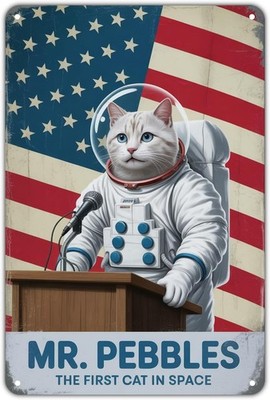 Astronaut Vintage Space Cat Mr. Pebbles Tin Metal Signs Home Décor 8x12 