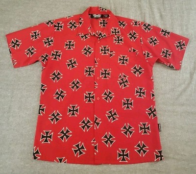 Dragonfly Red Button Down, Black And White Iron Crosses Vintage Men's Size L AOP