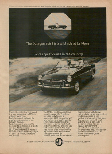 1967 MG MGB Octagon Marque Le Mans Sleek Body Built to Compete Original Print Ad