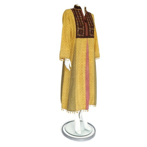 Vintage Block Print Embroidery Dress Indian Ochre Hippie Rainbow Pom Pom M/L 159 - Picture 5 of 8
