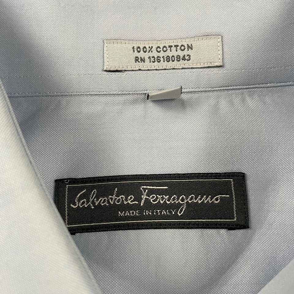 Camisa Salvatore Ferragamo Hombre 41 16 Azul Abotonada Algodón Sólido Hecha en Italia Foto 3 de 4