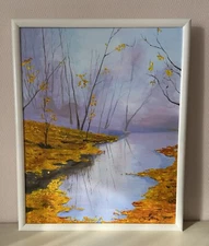 Autumn landscape orange gray blue acrylic painting canvas original signed
