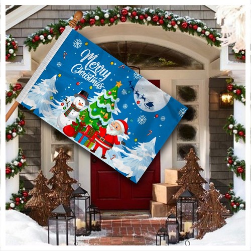 AGAS Merry Christmas Flag with Tree, Santa, Snowman, Gifts on Blue-Multiple Size - Picture 3 of 31