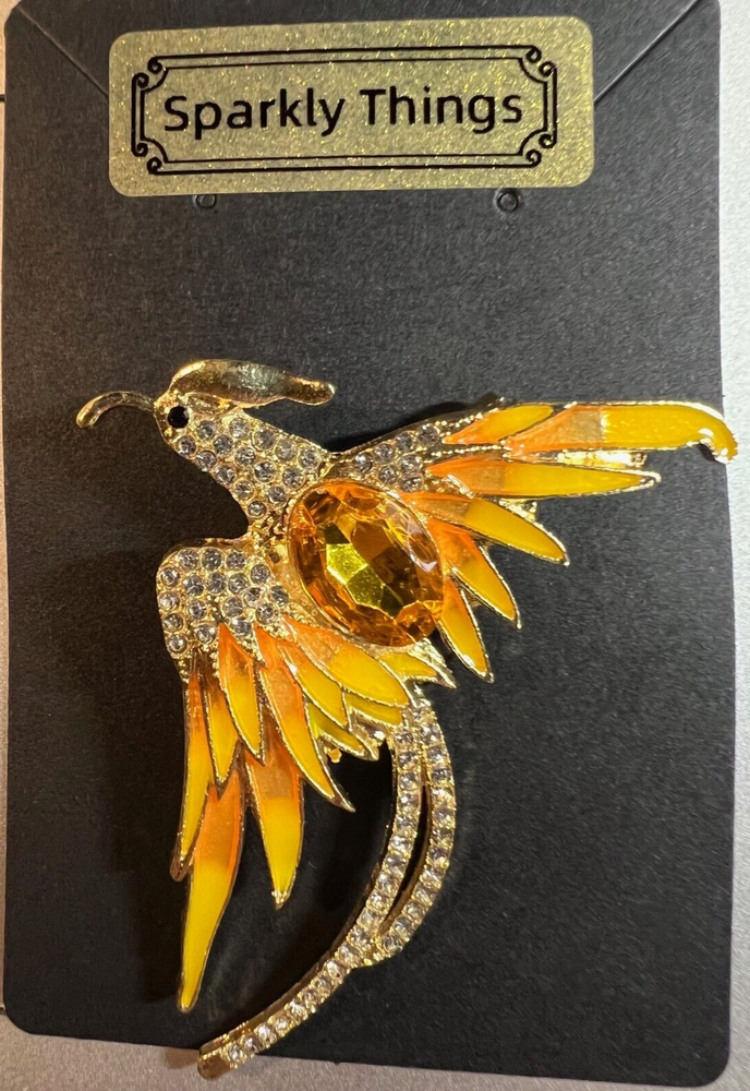 Elegant Gold-Tone Phoenix Brooch with Yellow Orange Enamel Rhinestones 2.25x1.75