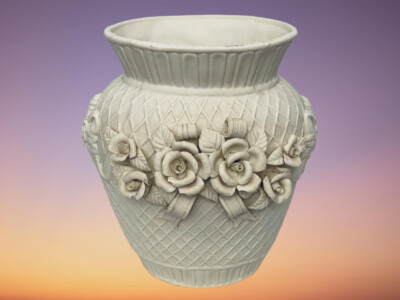 Potpourri Designs Vintage Matte Beige Embossed Rose & Diamond Theme 9'' Oval Vase