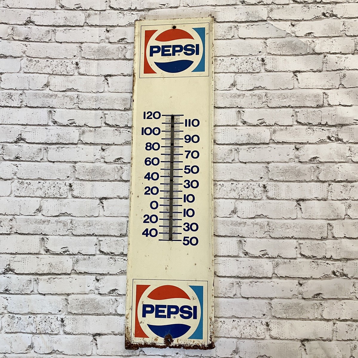 Vintage White Pepsi Metal Advertising Thermometer Sign 28” x