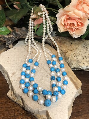 18. Vintage 925 Sterling Turquoise Pearl Three Strand Cascade Necklace 17-19''''