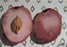 Original watercolor painting Sliced Juicy Red Plum 7.5 x 5.5 fruit artwork decor