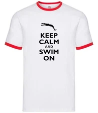 Keep Calm and Swim On - Mens Ringer - Swimmer Swimming Sport Gym Pool