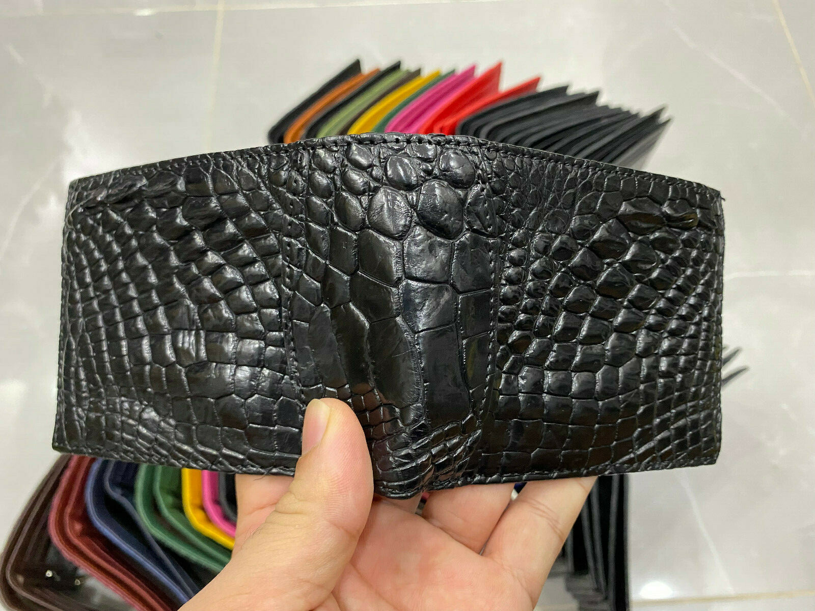 Black Genuine Alligator ,Crocodile Leather Skin Men's Money Clip Bifold