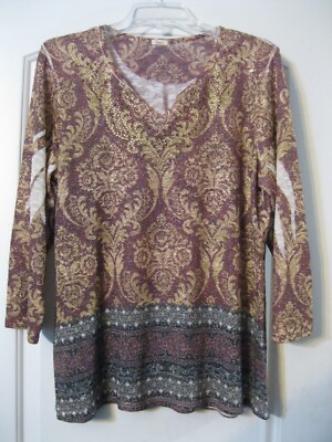 Reba, XL, 3/4 Sl Knit Top, Sublimation Border Print, Browns/Gold/Gray/Black
