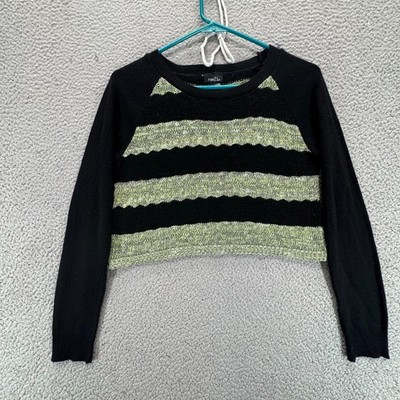Rue21 Womens Long Sleeve Crew Neck Cropped Sweater Stripe Black Green Size M