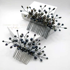 Gothic Style Black Bead Hair Comb, Gun Metal Steampunk Party Vintage Hairpin