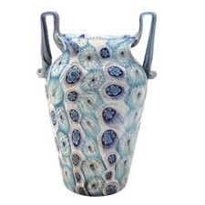 Fratelli Toso Murano Italy Art Glass Millefiori Murrine Handled Vase Blue 6"