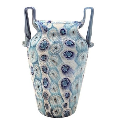 Fratelli Toso Murano Italy Art Glass Millefiori Murrine Handled Vase Blue 6''