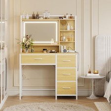 Makeup Vanity Desk with Mirror LED Lights, 4 Fabric Drawers Storage Shelves