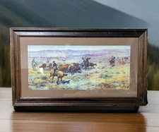 Charles Marion Russell Roundup Giclee Ptint  22.5"x39.5" Framed & Matted Glass 