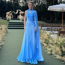 Blue Formal Evening Gown One Shoulder Pleated Belt Shawl Party Lace Ball Dress