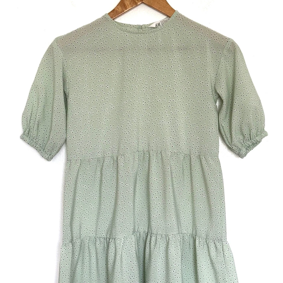H&M Dress Girls Size 8 Sage Green Geometric Tiered Dress Puff Sleeve Lightweight - Image 3 of 4