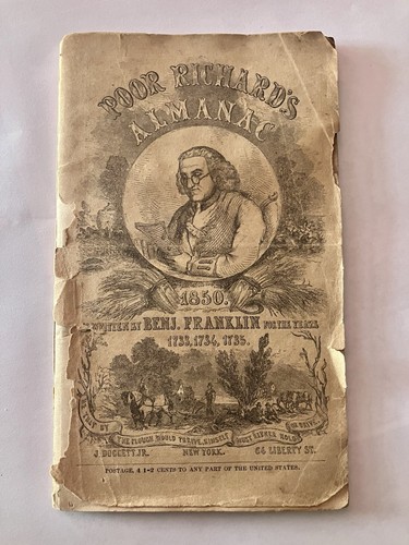 Antique Poor Richards Almanac 1850 Ben Franklin -1733, 34, 35 Paper Book