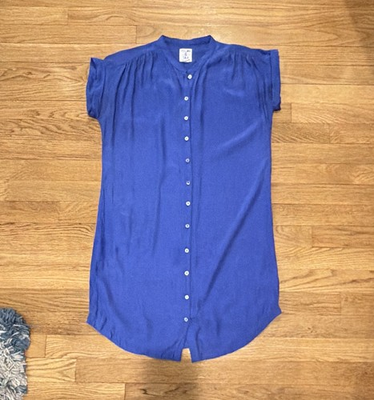 #ad #ad Yellow Is Gold Blue 100% Silk Solid V Neck Button Front Short Sleeve dress S $19.00