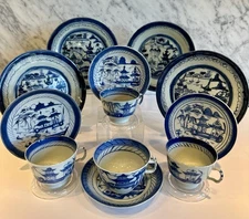 Canton Set 12 pc Antique Chinese Export Blue Cup Saucer 7" Plate 19th C