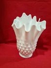 Vtg Fenton White Milk Glass Handkerchief Swung Vase, Footed Hobnail  7 1/2"